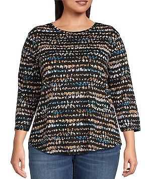 Westbound Plus Size Ornate Ombre Print 3/4 Sleeve Crew Neck Side Slit Shirttail  Tee Shirt