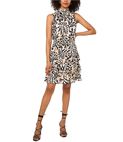 1. STATE  Woven Sunflower Print Mock Neck Sleeveless Ruffle Tiered Dress
