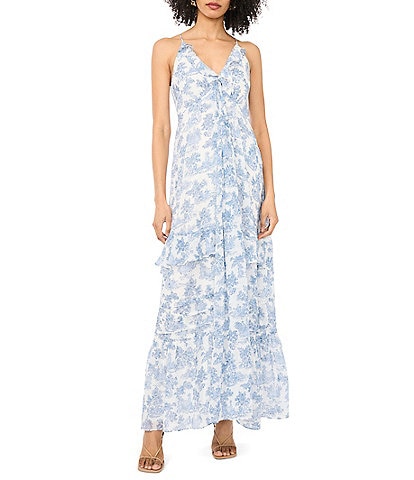 1. STATE Chiffon Toile Print V-Neck Sleeveless Ruffle A-Line Maxi Dress