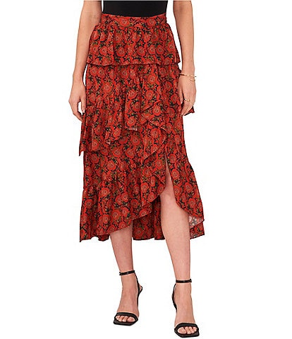 1. STATE Climbing Blooms Print Cascading Ruffle Tiered A-Line Midi Skirt