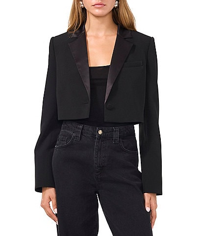 1. STATE Crepe Suiting Notch Lapel Long Sleeve Button Front Cropped Blazer