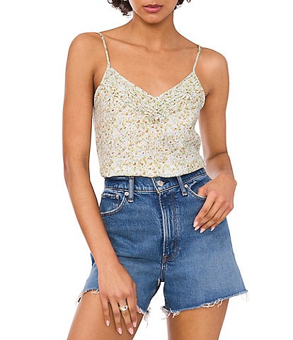 1. STATE Ditzy Floral Print Pleated Detail V-Neck Sleeveless Spaghetti Strap Cami Top