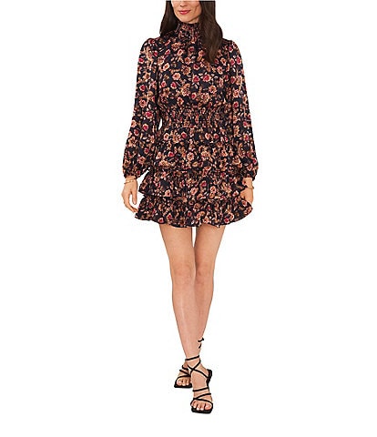 1. STATE Floral Print Long Sleeve Mock Neck Smocked Drop Waist Tiered Dress