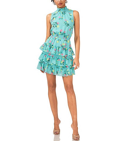 1. STATE Floral Printed Mock Neck Tiered Sleeveless Smocked Waist Mini A-Line Dress