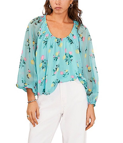 1. STATE Floral Printed Scoop Neck Long Sleeve Blouse