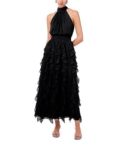 1. STATE Flounce Cascading Halter Neck Sleeveless Maxi Dress