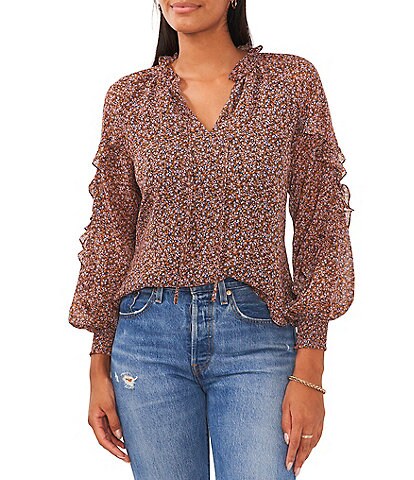 1. STATE Gauze Chiffon Ditzy Floral Print Long Sleeve V-Neck Tie Front Ruffled Blouse