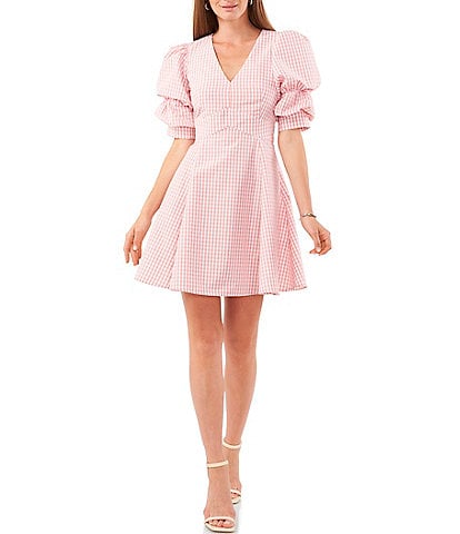 1. STATE Gingham Print Short Puffed Sleeve V-Neck Sueded Satin Mini Dress