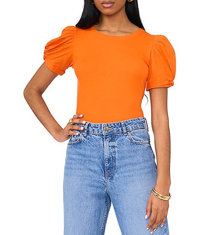 1. STATE Knotted Crew Neck Short Puff Sleeve Top