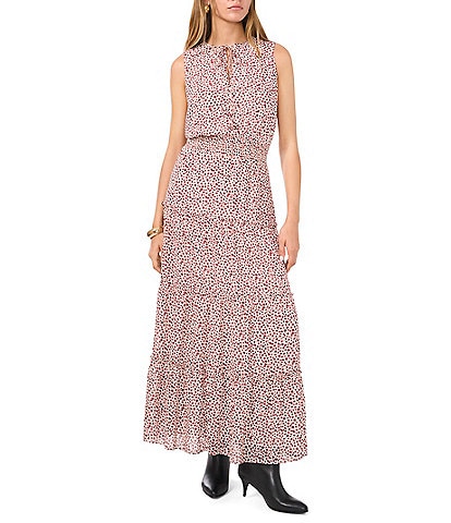 1. STATE Leopard Print Neck Tie Front Short Sleeve Smocked Tiered Maxi Dress