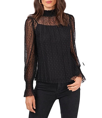 1. STATE Long Sleeve Mock Neck Mesh Dotted Print Layered Ruffle Sleeve Top