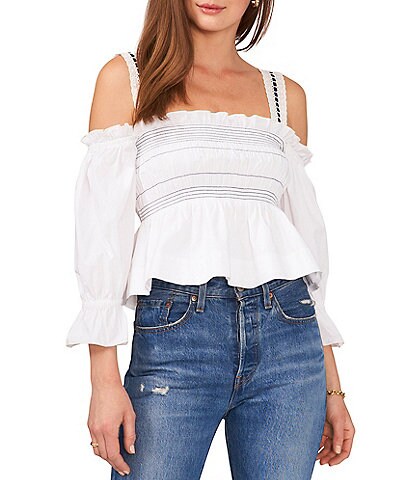 1. STATE Off-the-Shoulder 3/4 Sleeve Smocked Peplum Blouse