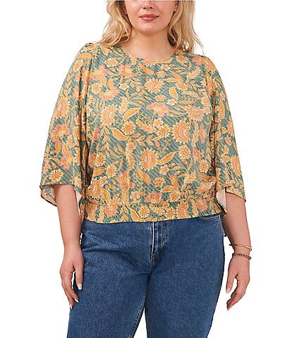 1. STATE Plus Size Bell Sleeve Round Neck Chintz Printed Vines Challis Top