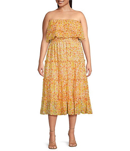 1. STATE Plus Size Floral Print Strapless Ruffled Gauze Chiffon A-Line Midi Dress