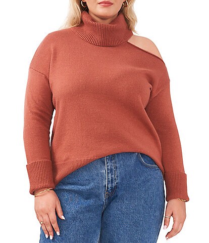 1. STATE Plus Size Long Asymmetrical Sleeve Mock Neck Cut-Out Sweater