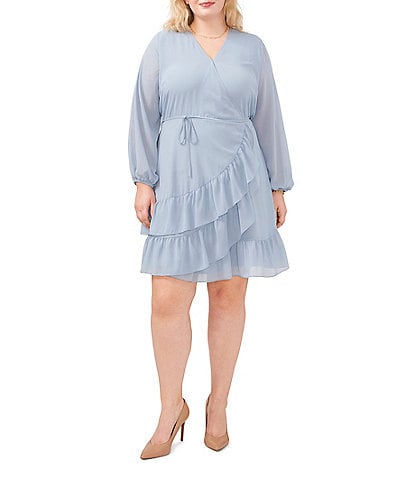 1. STATE Plus Size Wrap Front Tie V-Neck Long Sleeve Tiered Ruffle Hem Dress