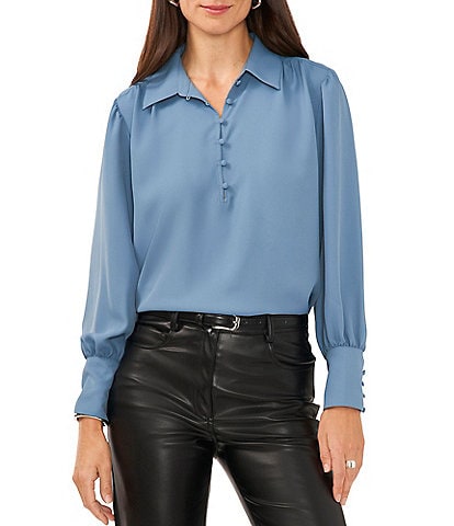 1. STATE Point Collar Long Cuffed Sleeve Button Front Luxe Crepe de Chine Poet Blouse