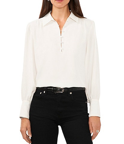 1. STATE Point Collar Long Cuffed Sleeve Button Front Luxe Crepe de Chine Poet Blouse