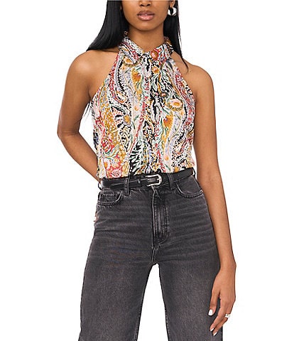 1. STATE Printed Point Collar Neckline Sleeveless Button Down Paisley Blouse