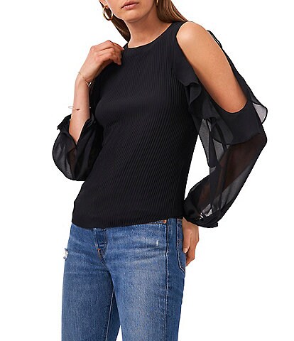 1. STATE Ruffled Cold Shoulder Long Balloon Sleeve Crew Neck Blouse