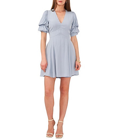 1. STATE Short Puffed Sleeve V-Neck Suede Satin Mini Dress
