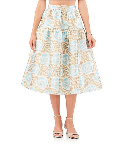 1. STATE Sketched Floral Print Round Twill High Waisted Coordinating Full Midi Skirt