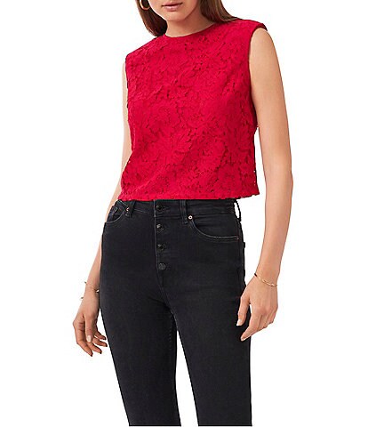 1. STATE Sleeveless Shoulder Pad Round Neck Lace Blouse