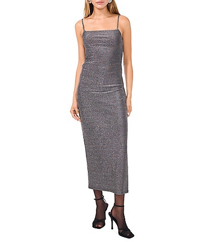 1. STATE Stretch Knit Metallic Square Neck Spaghetti Strap Bodycon Midi Dress