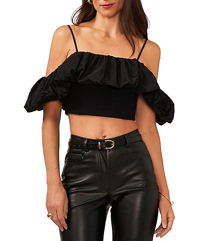 1. STATE Taffeta Bubble Off-the-Shoulder Short Sleeve Cropped Ponte Top