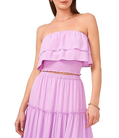 1. STATE Tiered Ruffle Smocked Waist Strapless Sleeveless Crop Coordinating Tube Top