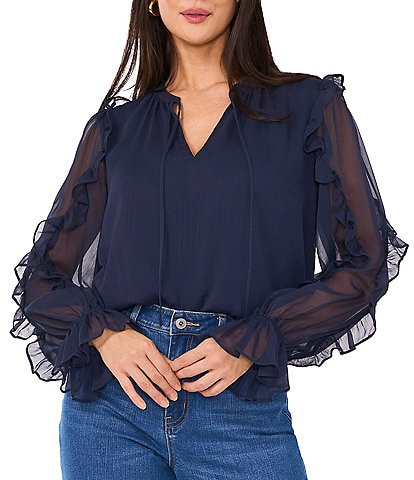 1. STATE V Neck Long Sheer Ruffle Sleeve Blouse