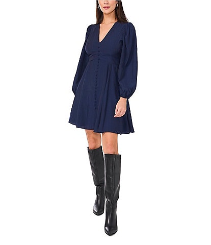 1. STATE V-Neck Long Sleeve Front Button A-Line Dress