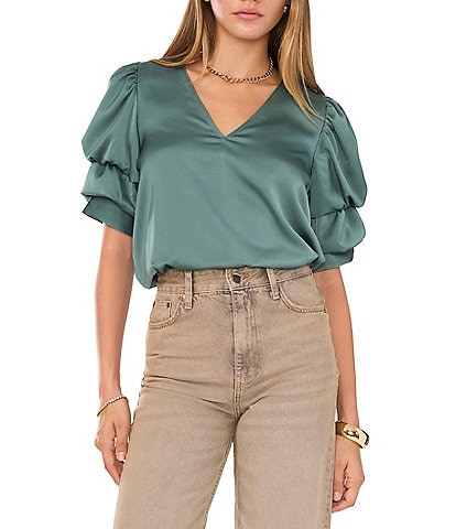 1. STATE V-Neck Short Tiered Bubble Sleeve Blouse