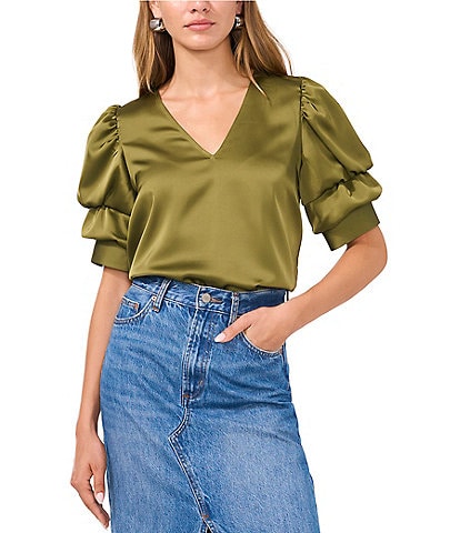 1. STATE V-Neck Short Tiered Bubble Sleeve Satin Top