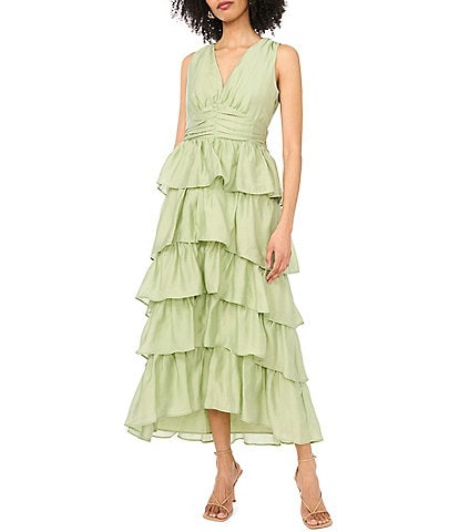 1. STATE V-Neck Sleeveless Cascading Ruffle Maxi A-Line Midi Dress
