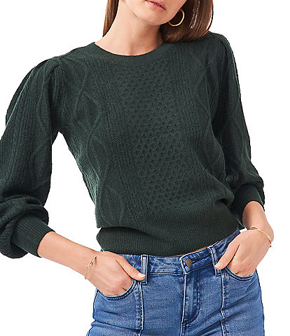 1. STATE Variegated Cables Crew Neck Long Puff Sleeve Statement Sweater