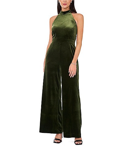 1. STATE Velvet Halter Bow Tie Neck Sleeveless Wide Flounce Leg Jumpsuit