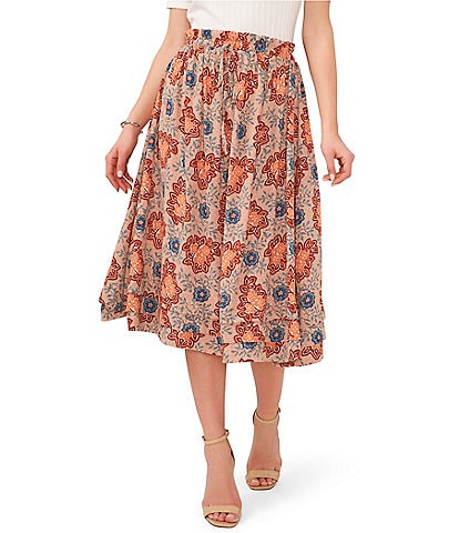 1. STATE Vintage Floral Print Drawstring Waist Ruffle Hem A-Line Midi Skirt