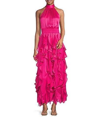 1. STATE Woven Halter Mock Neck Sleeveless Ruffle Maxi Dress