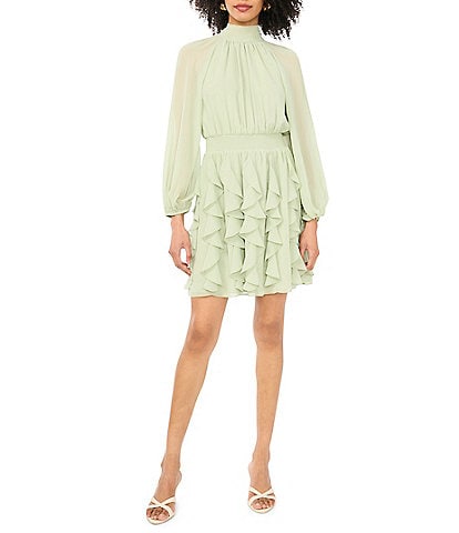 1. STATE Woven Mock Neck Long Sleeve Ruffle Mini A-Line Mini Dress