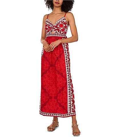 1. STATE Woven Printed V-Neck Sleeveless Tie Back Maxi Dress