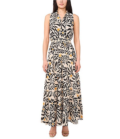 1. STATE Woven Split Round Neck Sleeveless Smocked Waist Tiered Maxi Dress