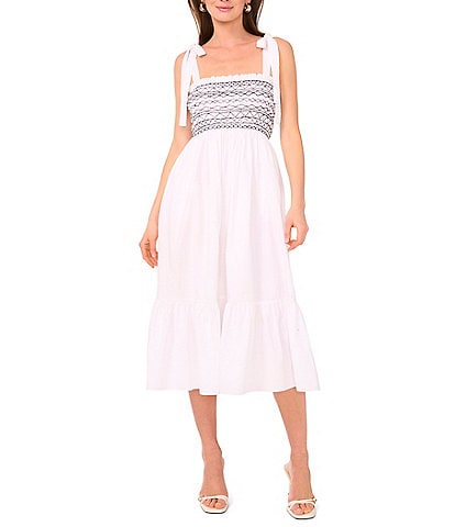 1. STATE Woven Square Neck Tie Shoulder Contrast Smocked Midi Dress