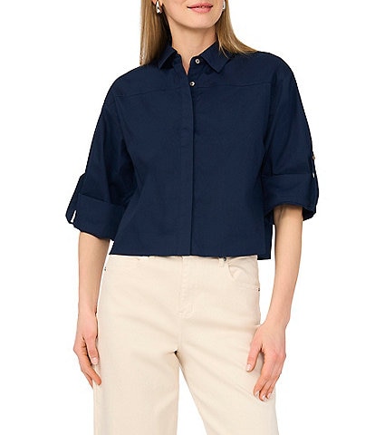 1. STATE Woven V-Neck Short Sleeve Button Down Blouse