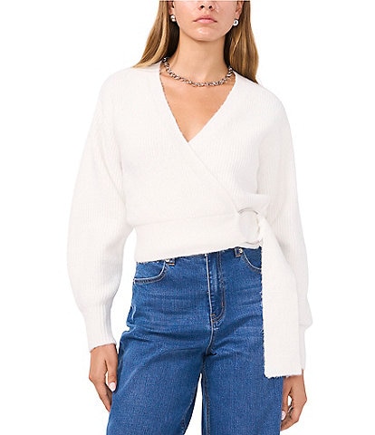 1. STATE Knit V-Neck Long Sleeve Surplice Wrap Belt Sweater