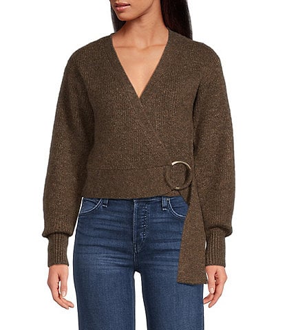 1. STATE Knit V-Neck Long Sleeve Surplice Wrap Belt Sweater