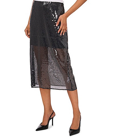 1. STATE Sequin Mesh Sheer Illusion High Rise Slip Midi Skirt