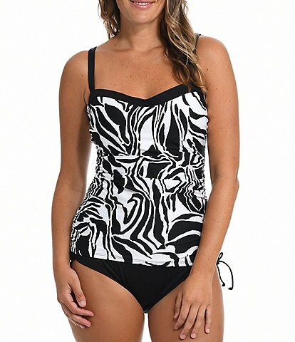 24th & Ocean Abstract Zebra Shirred Bandeaukini Swim Top & Solid Adjustable Tie Side Tummy Control Swim Bottom