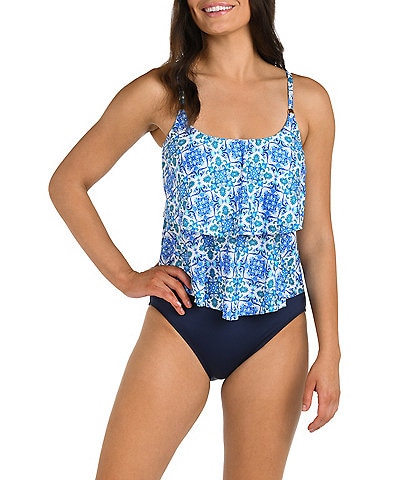 24th & Ocean Beach Side Tile Print Scoop Neck Tiered Tankini Swim Top & Solid High Waist Splice Swim Bottom