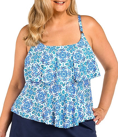 24th & Ocean Plus Size Beachside Tiled Scoop Neck Tiered Ruffle Tankini Swim Top